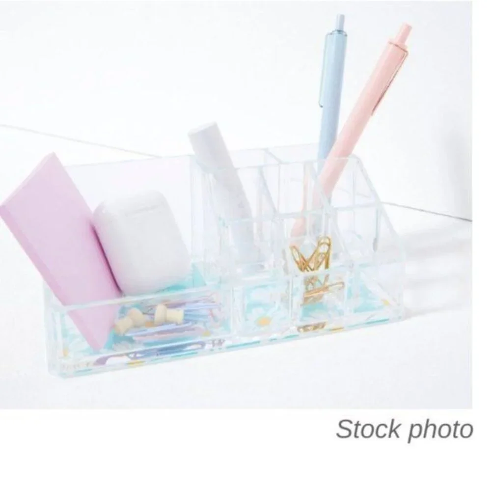 Sorbus Mini Makeup Organizer with 9 Slots Clear w/ Daisy Print Bottom Desk Dorm